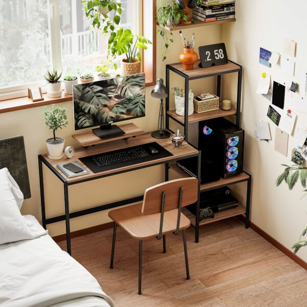 Skryvel Schreibtisch Computertisch mit Monitorständer, CPU-Ständer, Bürotisch mit Druckerablage, PC Tisch mit 4 Regalen, Modern-Design für Home Office, 150 x 48 x 125 cm, Braun - Image 2