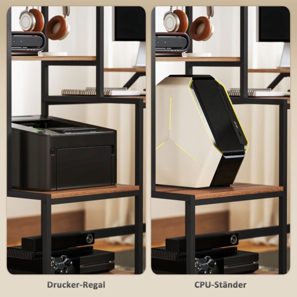 Skryvel Schreibtisch Computertisch mit Monitorständer, CPU-Ständer, Bürotisch mit Druckerablage, PC Tisch mit 4 Regalen, Modern-Design für Home Office, 150 x 48 x 125 cm, Braun - Image 6