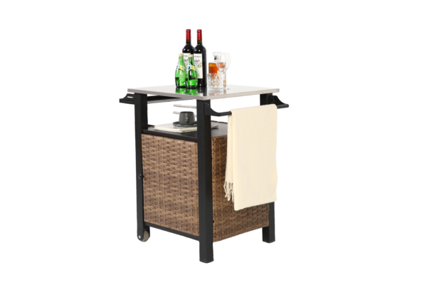 Single door bar cart,Outdoor Kitchen Wicker Island Rolling Cart & Storage Cabinet, Wheels and Stainless Steel Extended Table Top, Side Handle for Patio Kitchen or Bar Cart, Brown - Image 6