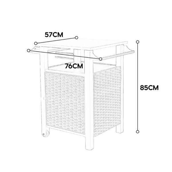 Single door bar cart,Outdoor Kitchen Wicker Island Rolling Cart & Storage Cabinet, Wheels and Stainless Steel Extended Table Top, Side Handle for Patio Kitchen or Bar Cart, Brown - Image 2