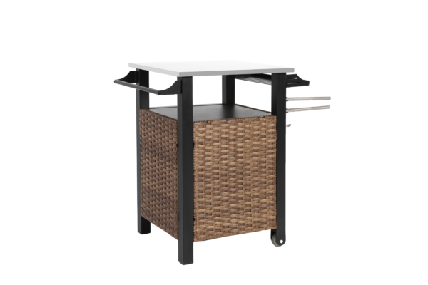 Single door bar cart,Outdoor Kitchen Wicker Island Rolling Cart & Storage Cabinet, Wheels and Stainless Steel Extended Table Top, Side Handle for Patio Kitchen or Bar Cart, Brown