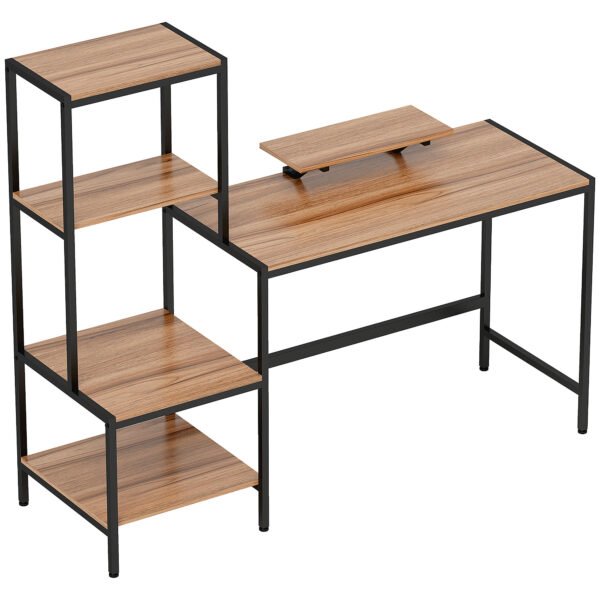 Skryvel Schreibtisch Computertisch mit Monitorständer, CPU-Ständer, Bürotisch mit Druckerablage, PC Tisch mit 4 Regalen, Modern-Design für Home Office, 150 x 48 x 125 cm, Braun