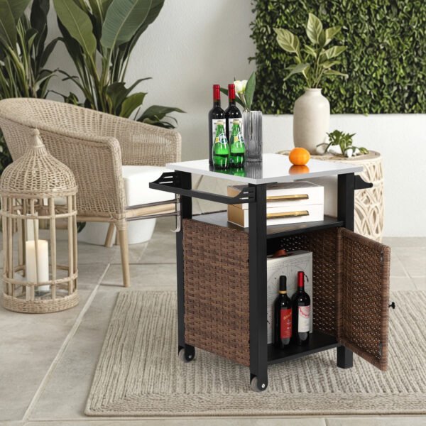Single door bar cart,Outdoor Kitchen Wicker Island Rolling Cart & Storage Cabinet, Wheels and Stainless Steel Extended Table Top, Side Handle for Patio Kitchen or Bar Cart, Brown - Image 8