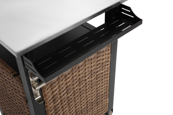 Single door bar cart,Outdoor Kitchen Wicker Island Rolling Cart & Storage Cabinet, Wheels and Stainless Steel Extended Table Top, Side Handle for Patio Kitchen or Bar Cart, Brown - Image 3