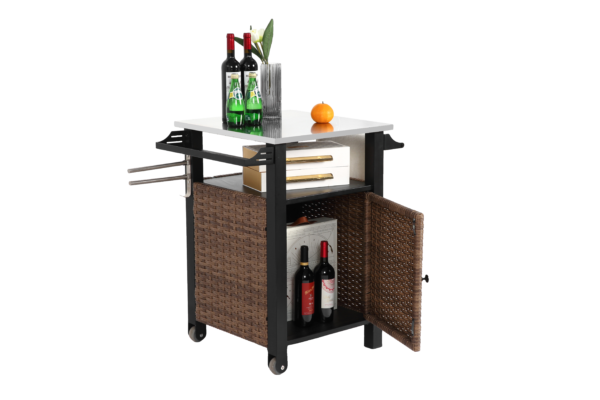 Single door bar cart,Outdoor Kitchen Wicker Island Rolling Cart & Storage Cabinet, Wheels and Stainless Steel Extended Table Top, Side Handle for Patio Kitchen or Bar Cart, Brown - Image 7