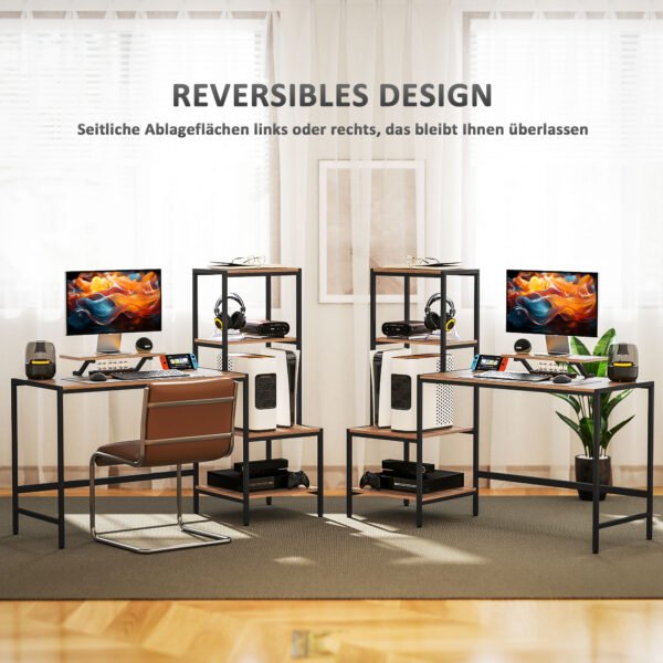 Skryvel Schreibtisch Computertisch mit Monitorständer, CPU-Ständer, Bürotisch mit Druckerablage, PC Tisch mit 4 Regalen, Modern-Design für Home Office, 150 x 48 x 125 cm, Braun - Image 4