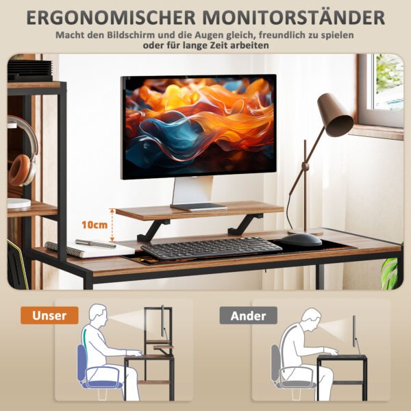 Skryvel Schreibtisch Computertisch mit Monitorständer, CPU-Ständer, Bürotisch mit Druckerablage, PC Tisch mit 4 Regalen, Modern-Design für Home Office, 150 x 48 x 125 cm, Braun - Image 3
