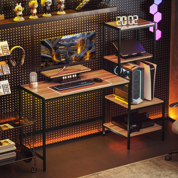Skryvel Schreibtisch Computertisch mit Monitorständer, CPU-Ständer, Bürotisch mit Druckerablage, PC Tisch mit 4 Regalen, Modern-Design für Home Office, 150 x 48 x 125 cm, Braun - Image 7