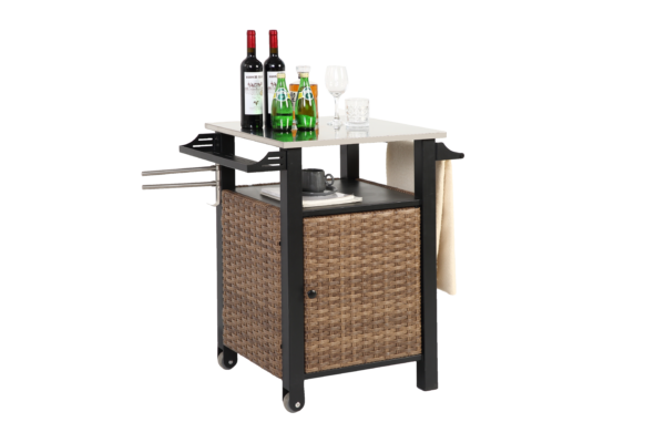 Single door bar cart,Outdoor Kitchen Wicker Island Rolling Cart & Storage Cabinet, Wheels and Stainless Steel Extended Table Top, Side Handle for Patio Kitchen or Bar Cart, Brown - Image 4