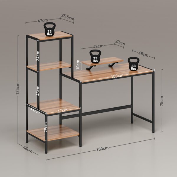Skryvel Schreibtisch Computertisch mit Monitorständer, CPU-Ständer, Bürotisch mit Druckerablage, PC Tisch mit 4 Regalen, Modern-Design für Home Office, 150 x 48 x 125 cm, Braun - Image 8