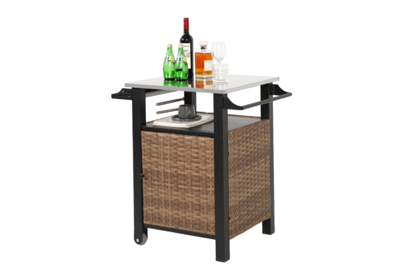 Single door bar cart,Outdoor Kitchen Wicker Island Rolling Cart & Storage Cabinet, Wheels and Stainless Steel Extended Table Top, Side Handle for Patio Kitchen or Bar Cart, Brown - Image 9